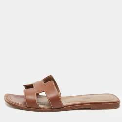 Pre Owned Hermes Brown Leather Oran Flat Slides Size 37