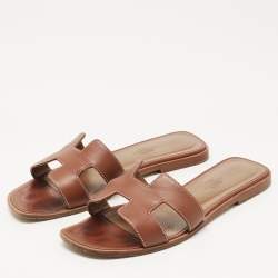 Pre Owned Hermes Brown Leather Oran Flat Slides Size 37