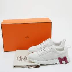 مملوكة مسبقًا Hermes White/Grey Suede and Mesh Bouncing Sneakers Size 38.5