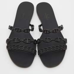 Hermes Black Rubber Chaine d'Ancre Rivage Slide Sandals Size 40