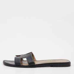 Hermes Black Leather Oran Sandals Size 38