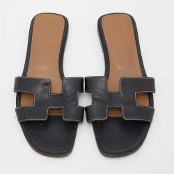 Hermes Black Leather Oran Sandals Size 38