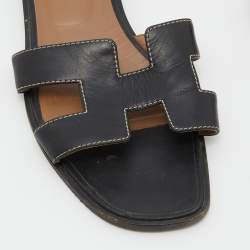 Hermes Black Leather Oran Sandals Size 38