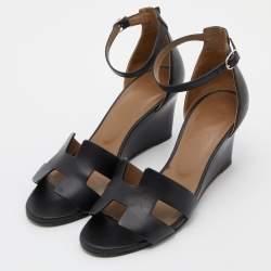 Pre Owned Hermes Black Leather Legend Ankle Strap Wedge Sandals Size 37