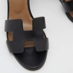 Pre Owned Hermes Black Leather Legend Ankle Strap Wedge Sandals Size 37