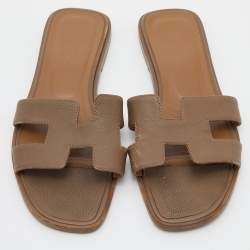 Hermes Brown Leather Oran Flat Slides Size 38