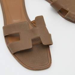 Hermes Brown Leather Oran Flat Slides Size 38