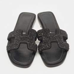 Hermes Black Crystal Embellished Suede Oran Flat Slides Size 39