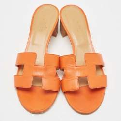 Hermes Orange Leather Oasis Slide Sandals Size 39