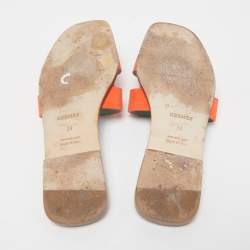 Pre Owned Hermes Orange Nubuck Leather Oran Flat Slides Size 39