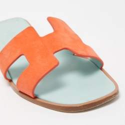 Pre Owned Hermes Orange Nubuck Leather Oran Flat Slides Size 39