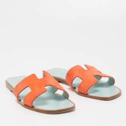 Pre Owned Hermes Orange Nubuck Leather Oran Flat Slides Size 39