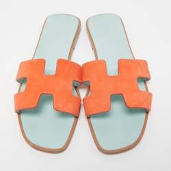 Pre Owned Hermes Orange Nubuck Leather Oran Flat Slides Size 39