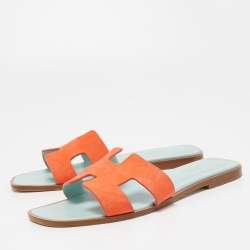 Pre Owned Hermes Orange Nubuck Leather Oran Flat Slides Size 39
