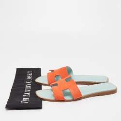 Pre Owned Hermes Orange Nubuck Leather Oran Flat Slides Size 39