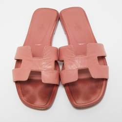 Hermes Pink Leather Oran Flat Slides Size 37.5