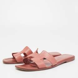 Hermes Pink Leather Oran Flat Slides Size 37.5