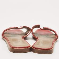 Pre Owned Hermes Dark Red Croc Embossed Leather Oran Flat Slides Size 39
