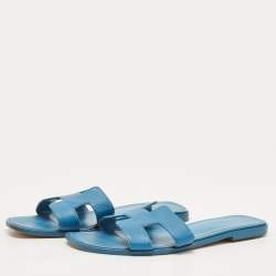Pre Owned Hermes Blue Leather Oran Flat Sandals Size 39.5