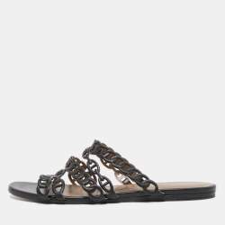 Hermes Black Leather D'ancre Chaine Flat Slides Size 39
