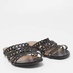 Hermes Black Leather D'ancre Chaine Flat Slides Size 39