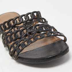Hermes Black Leather D'ancre Chaine Flat Slides Size 39