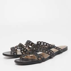 Hermes Black Leather D'ancre Chaine Flat Slides Size 39