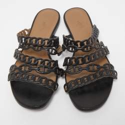 Hermes Black Leather D'ancre Chaine Flat Slides Size 39