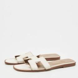 Hermes White Leather Oran Slide Sandals Size 40