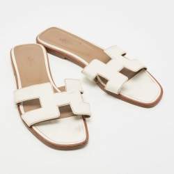 Hermes White Leather Oran Slide Sandals Size 40