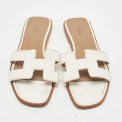 Hermes White Leather Oran Slide Sandals Size 40