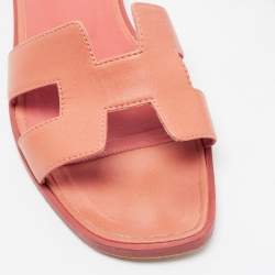 Pre Owned Hermes Pink Leather Oran Slide Sandals Size 37