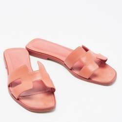 Pre Owned Hermes Pink Leather Oran Slide Sandals Size 37