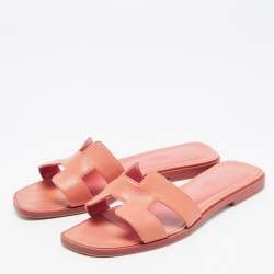 Pre Owned Hermes Pink Leather Oran Slide Sandals Size 37