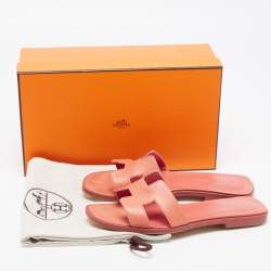 Pre Owned Hermes Pink Leather Oran Slide Sandals Size 37