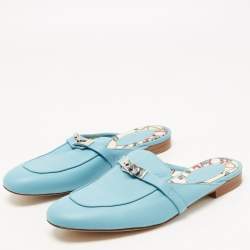 Pre Owned Hermes Blue Leather Oz Flat Mules Size 40