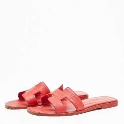 Hermes Red Leather Oran Flat Slides Size 35.5