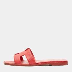 Hermes Red Leather Oran Flat Slides Size 35.5