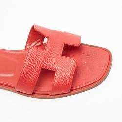 Hermes Red Leather Oran Flat Slides Size 35.5