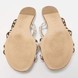 Pre Owned Hermes Silver/Beige Suede and Leather D'ancre Chaine Flat Slides Size 38