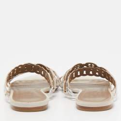 Pre Owned Hermes Silver/Beige Suede and Leather D'ancre Chaine Flat Slides Size 38