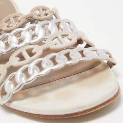 Pre Owned Hermes Silver/Beige Suede and Leather D'ancre Chaine Flat Slides Size 38