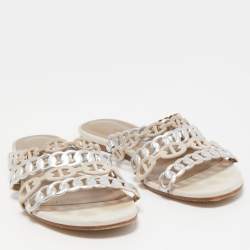 Pre Owned Hermes Silver/Beige Suede and Leather D'ancre Chaine Flat Slides Size 38