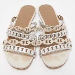 Pre Owned Hermes Silver/Beige Suede and Leather D'ancre Chaine Flat Slides Size 38