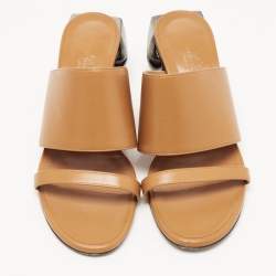 Hermes Brown Leather Block Heel Sandals Size 38