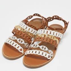 Hermès Tricolor Leather D'ancre Chaine Flat Sandals Size 36.5