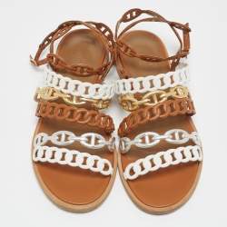 Hermès Tricolor Leather D'ancre Chaine Flat Sandals Size 36.5