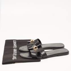 Hermes Black Leather Oran One Stud Flat Slides Size 38 