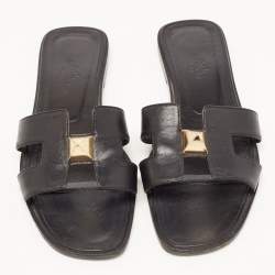 Hermes Black Leather Oran One Stud Flat Slides Size 38 