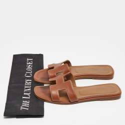Hermes Brown Leather Oran Slides Size 36 